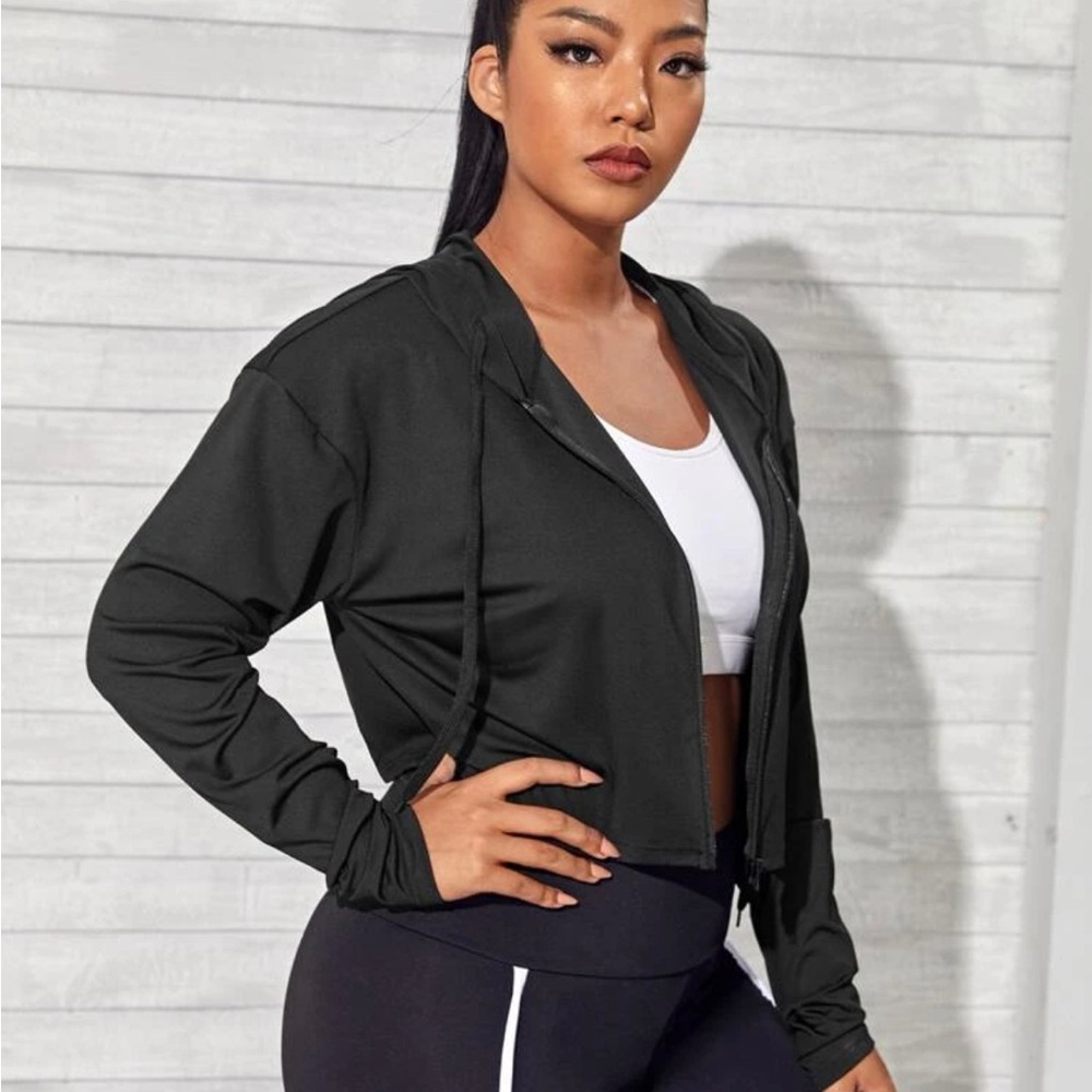 Plus Solid Drawstring Zip Up Sports Hoodie
